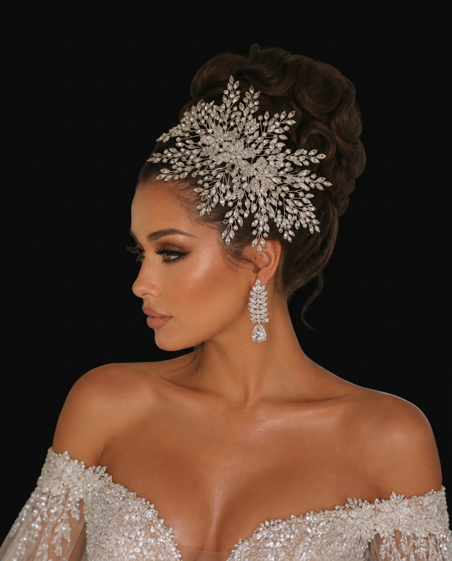Bride wearing a Royauté crystal and pearl headpiece against a black background