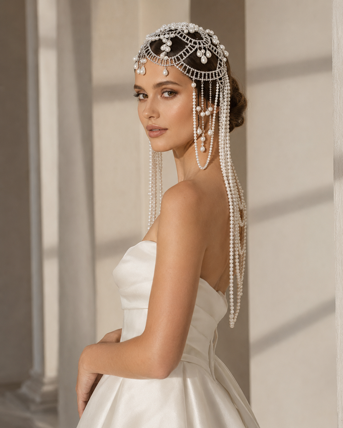 Bride wearing a pearl and crystal Royauté headpiece with cascading pearl strands