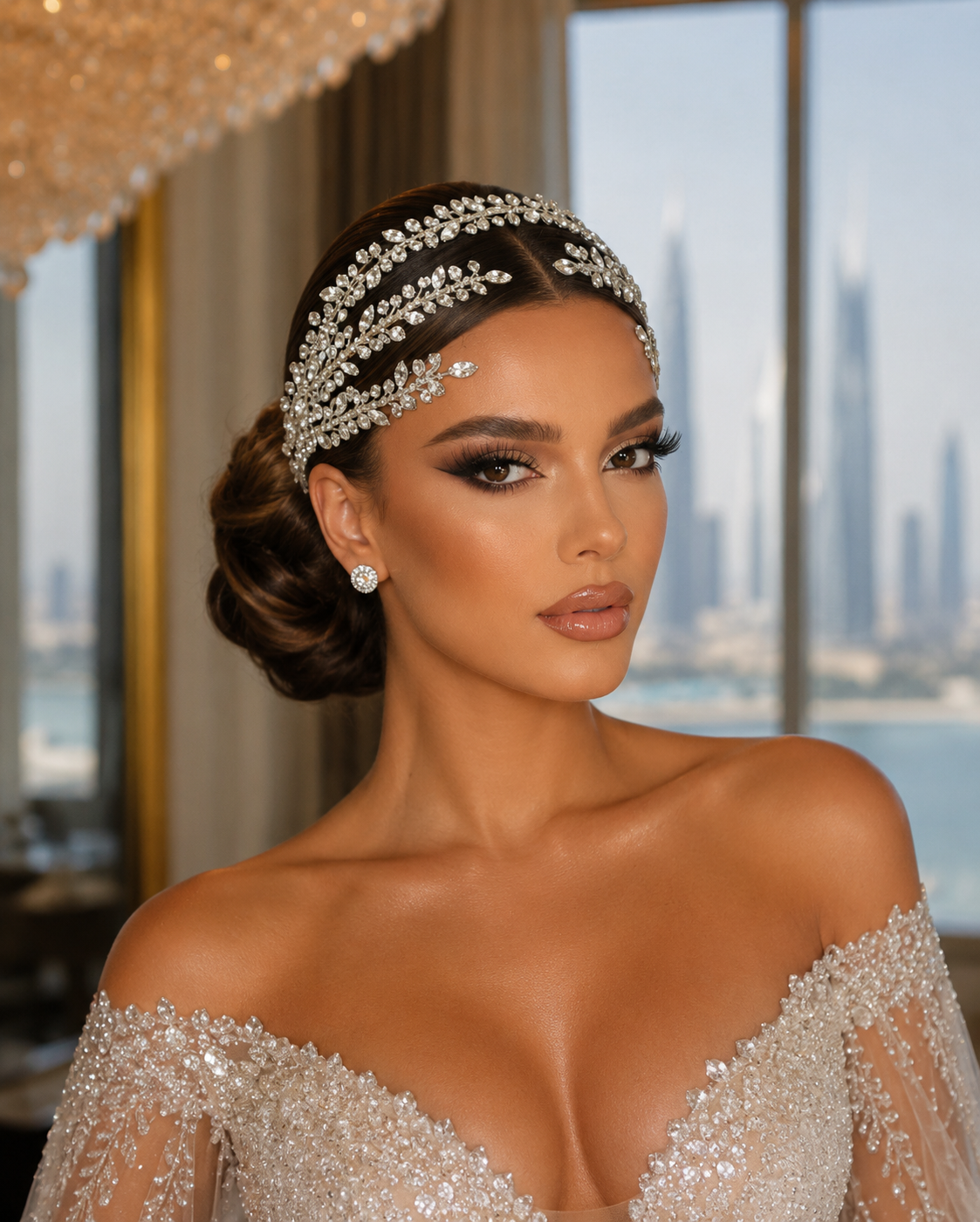 Bride wearing a ROYAUTÉ crystal headband